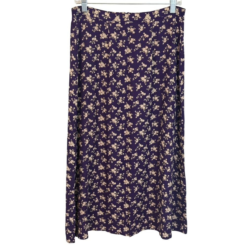 Vintage 1980s Herman Geist Purple Beige Floral‎ A-Line Midi Skirt Medium